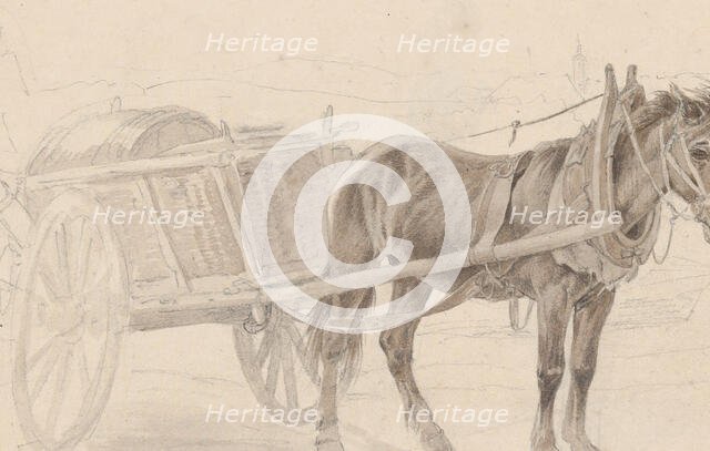 A Cart Drawn by a Brown Horse Near a Lamp Pole; Verso: A Group of Mounted Officers, ca. 1815. Creator: Johann Adam Klein.