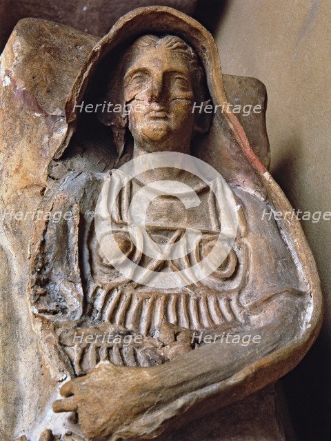 Etruscan terracotta sarcophagus with the image of the deceased, detail.