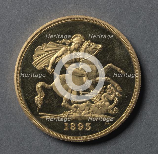 Five Pounds (reverse), 1893. Creator: Benedetto Pistrucci (Italian, 1784-1855).