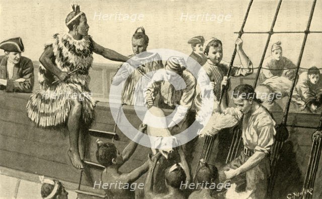 'Captain Cook Presenting Pigs and Fowls to the Maoris', (1902).  Creator: C. Howard.