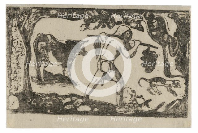 Tahitian Carrying Bananas, from the Suite of Late Wood-Block Prints, 1898/99. Creator: Paul Gauguin.