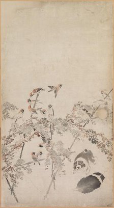 Puppies, Sparrows and Chrysanthemums, 1754-1799. Creator: Nagasawa Rosetsu (Japanese, 1754-1799).