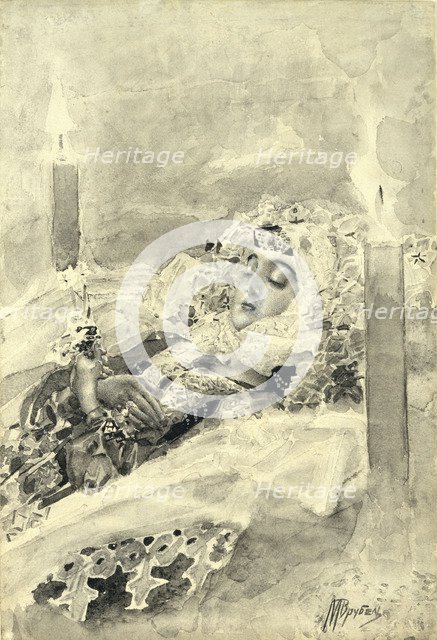 Tamara in the coffin. Illustration to the poem The Demon by Mikhail Lermontov, 1890-1891. Artist: Vrubel, Mikhail Alexandrovich (1856-1910)