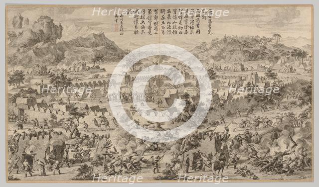 Battle at Tunggushi Luke: from Battle Scenes of the Quelling of the Rebellions..., c. 1765-1774. Creator: Unknown.