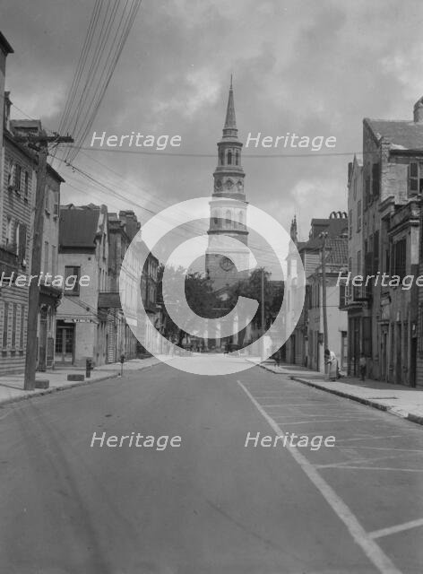 View down street to St. Philip's Church, Charleston, South Carolina, between 1920 and 1926. Creator: Arnold Genthe.