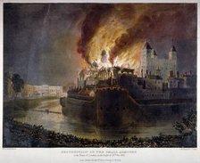 Destruction of the Armoury in the Tower of London by fire, 30 October 1841. Artist: William C Smith
