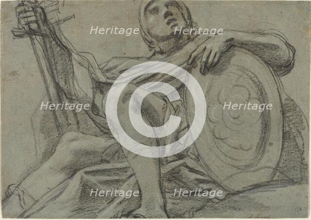 Seated Warrior Holding a Sword and Shield [recto], c. 1612. Creator: Giacomo Cavedone.