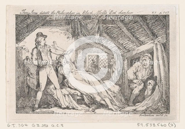 Tom Jones detects the Philsopher in Black Molls Bed Chamber, "The History of Tom Jones, a ..., 1792. Creator: Thomas Rowlandson.