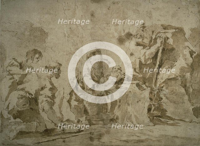 Adoration of the Shepherds (recto); Three Sketches: Buildings by Canal with..., (verso), c.1770. Creator: Francesco Guardi.