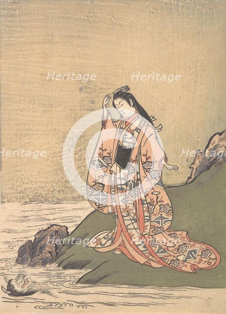 A Girl on the Edge of a Stream Sees a Demon's Head in the Water, mid-late 18th century. Creator: Komatsuken Shoshoken.