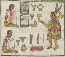 Merchants (Pochtecas) and their wares in Tzinacantlan. From the Codex Florentinus, c 1550. Creator: Sahagún, Bernardino de (1499-1590).