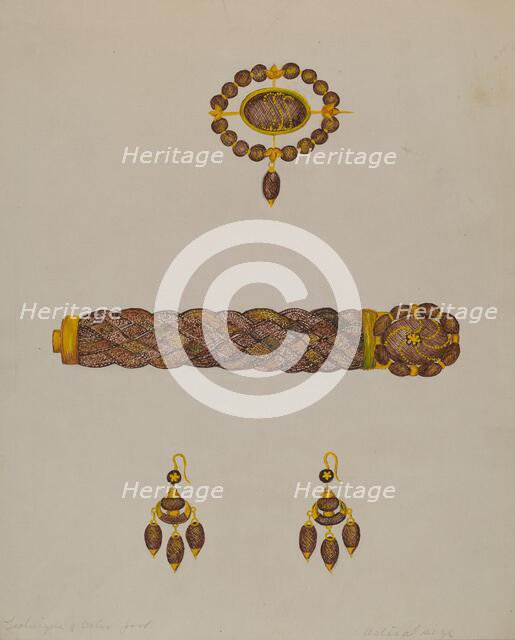 Hair Bracelet, Earrings, and Brooch, c. 1936. Creator: Florence Stevenson.