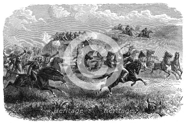 Mail coach attacked by Native American Indians, 1867. Artist: Unknown