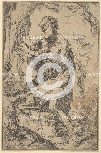 Saint Jerome kneeling on a rock in front of a cross and an open book facing left,..., ca. 1600-1640. Creator: Guido Reni.