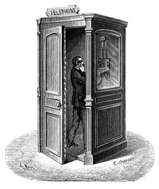Making a call from a telephone call box, 1888. Artist: Unknown