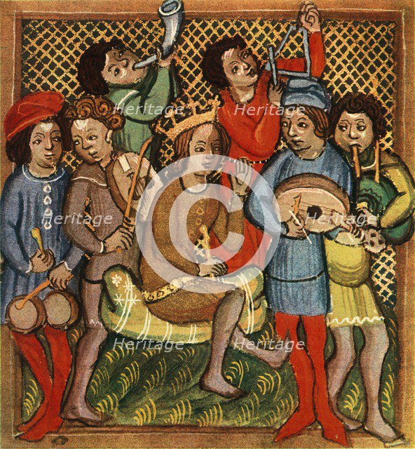 'Small drums, fiddle, horn, triangle lute and bagpipes; Olomouc Bible, 1417', 1948. Artist: Unknown.