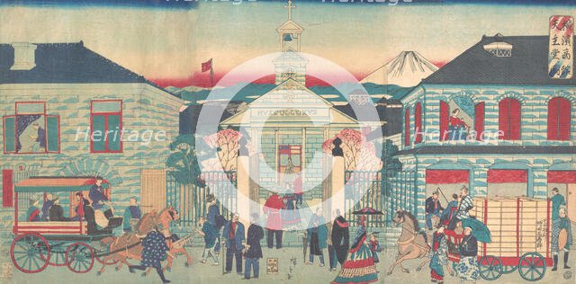 Illustration of Foreign Residences and the Catholic Church in Yokohama (Yokoha..., 10th month, 1870. Creator: Utagawa Hiroshige III.