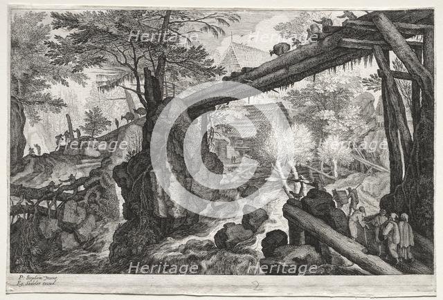 Eight Bohemian Landscapes: Landscape with Log Bridge over Cataract, c. 1610-1615. Creator: Aegidius Sadeler (Flemish, c. 1570-1629).
