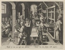 New Inventions of Modern Times [Nova Reperta], The Invention of Book Printing, plate 4..., ca. 1600. Creator: Jan Collaert I.