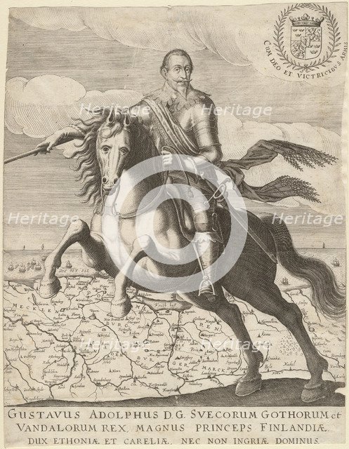 Gustavus Adolphus before the map of Pomerania in the background, 1630. Artist: Anonymous  