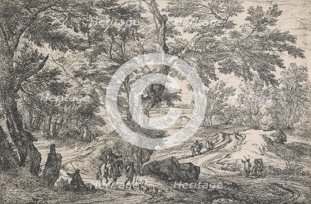 Landscape with, in left foreground, a man seated on the roadside on the edge of a wood...after 1667. Creator: Jan van Huchtenburg.