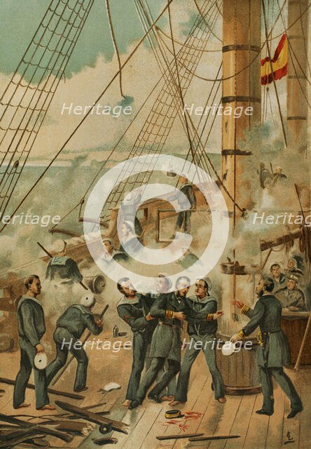 Casto Méndez Núñez wounded during the Battle of Callao, (May 1866), Spanish-South American War, 1881 Creator: Unknown.