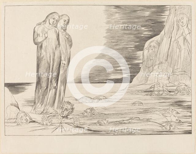 The Circle of the Traitors; Dante's Foot Striking Bocca degli Abbate, 1827. Creator: William Blake.
