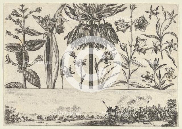 Horizontal Panel with a Row of Flowers Above a Frieze with a Battle Scene in a Landscape, ..., 1645. Creator: Nicolas Cochin.