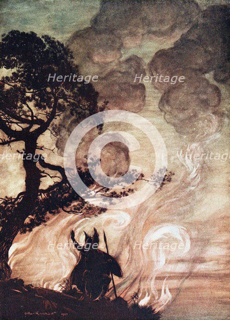 Wotan turns and looks sorrowfully back at Brünnhilde. Illustration for The Rhinegold and The Valkyr Artist: Rackham, Arthur (1867-1939)