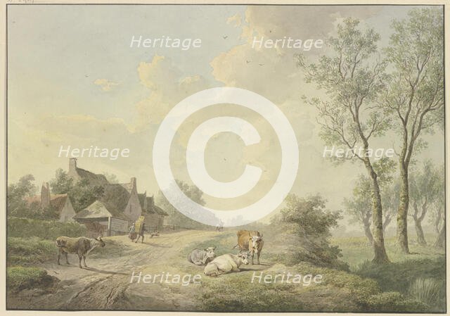 Four cows by a path near farmhouses, 1803. Creator: Abraham Teerlink.