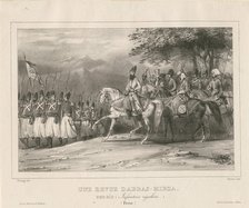 Prince, Field-Marshal Abbas Mirza (1789-1833) inspects infantry regiment, 1835. Artist: Bellangé, Hippolyte (1800-1866)