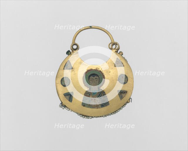 One of a Pair of Temple Pendants, with Busts of Male Saints Holding..., Kievan Rus', 11th-12th cent. Creator: Unknown.