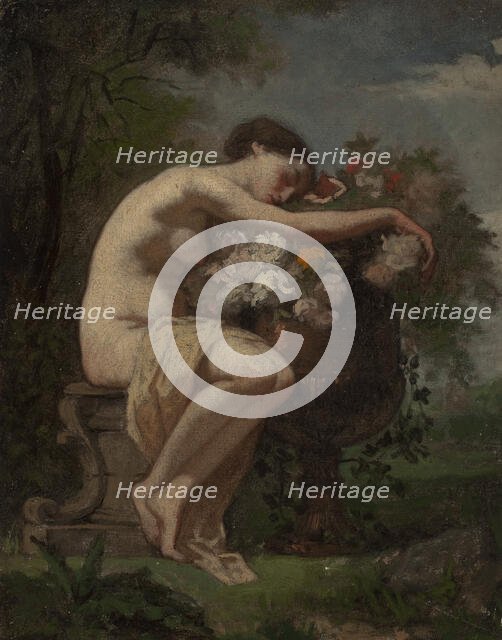 Nymph next to an urn full of flowers, exercise, 1846-1896. Creator: August Jernberg.