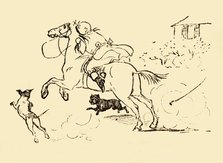 John Gilpin is chased by dogs as his horse gallops out of control, 1878, (c1918). Creator: Randolph Caldecott.