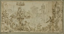 A Pope Receiving a Dignitary in a Public Place (recto) Caricatures of Heads (verso), c.1582. Creator: Federico Zuccaro.