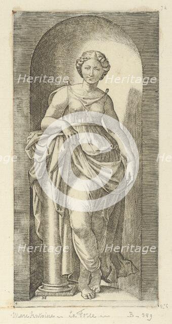 Fortitude or Strength personified by a woman standing in a nice resting her arm on ..., ca. 1515-25. Creator: Marcantonio Raimondi.