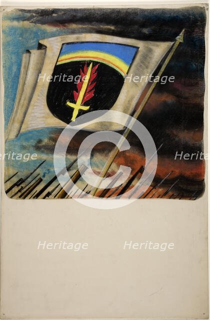 Flag, with flaming sword on shield motif, between 1939 and 1946. Creators: Unknown, Central Office of Information.