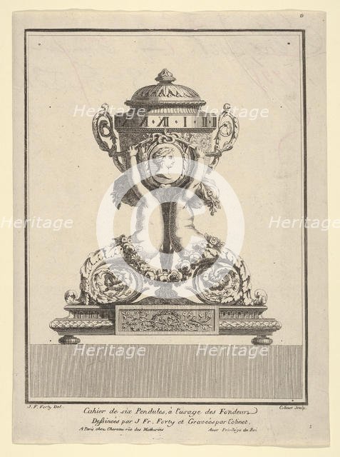 Design for a Clock, Title Page to 'Cahier de six Pendules', ca. 1770. Creators: Jean Francois Forty, C Colinet.