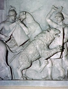 Roman relief of gladiators fighting wild beasts. Artist: Unknown