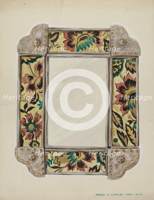 Mirror, Framed with Wall Paper Panels, Bordered in Tin, c. 1938. Creator: Majel G. Claflin.