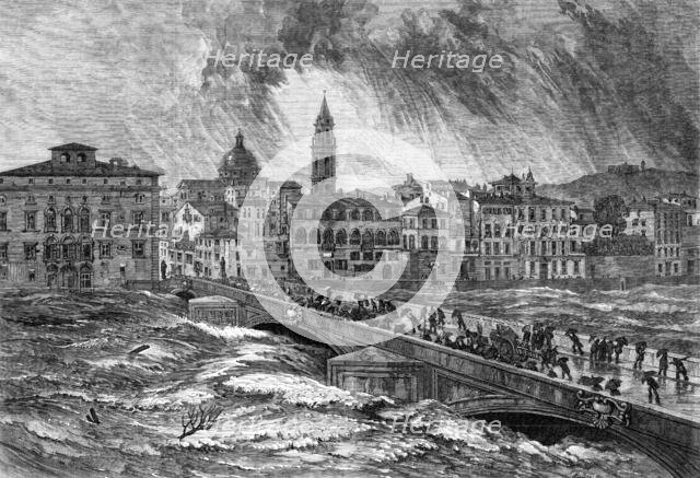 The late flood of the Arno at Florence – from a sketch by E. W. Cooke, R.A., 1864. Creator: Mason Jackson.