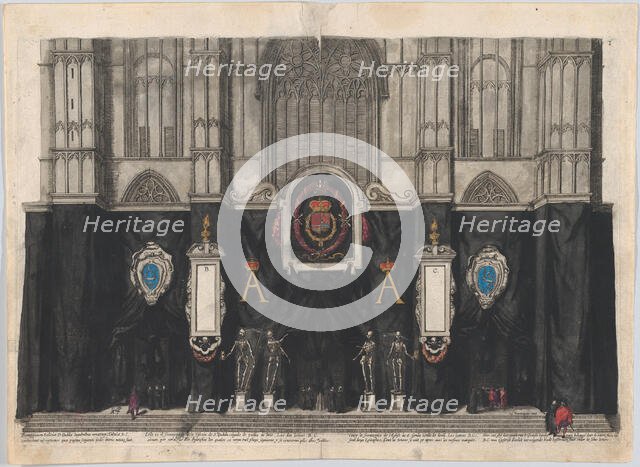 Plate 1: Figures gathered before a curtained wall, decorated with three armorials with the..., 1623. Creator: Cornelis Galle I.