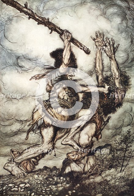 'Fafner kills Fasolt', 1910.  Artist: Arthur Rackham