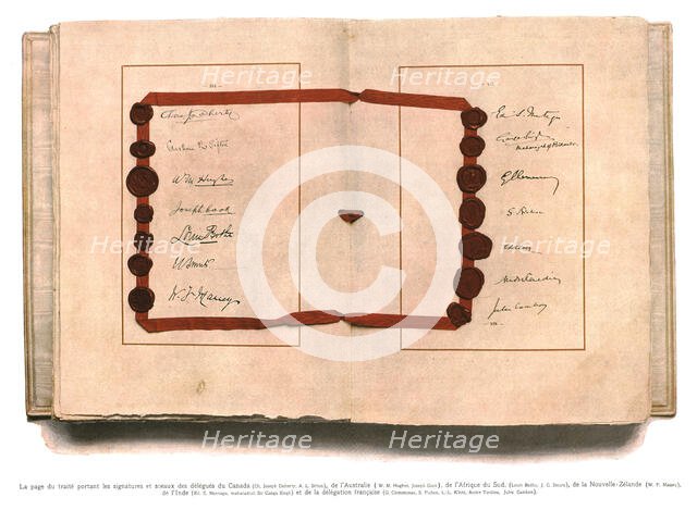 'La signature du traite de paix a Versailles; La page du traite portant les signatures..., 1919. Creator: Unknown.