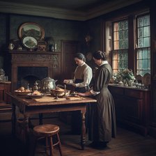 AI IMAGE - Victorian period kitchen with housekeeper and maid, 2023. Creator: Heritage Images.