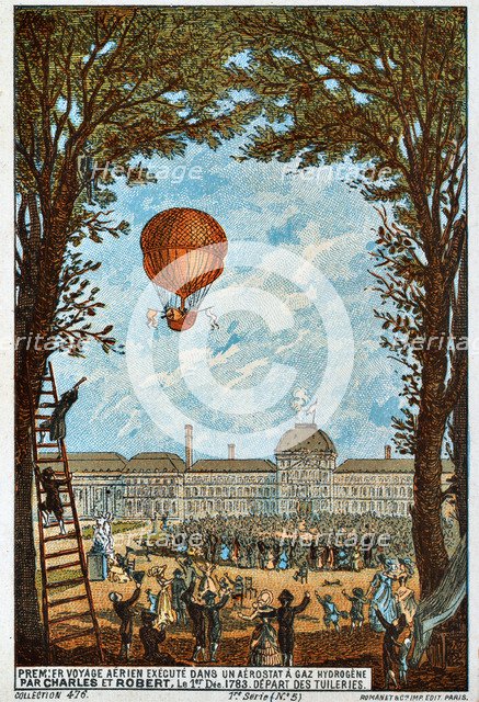 First aerial voyage by Charles and Robert, Paris, France, 1783 (1890s).  Artist: Anon
