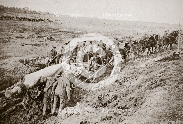 Pulling a big gun with a twelve horse team and the help of the gun crew, France, World War I, 1916. Artist: Unknown