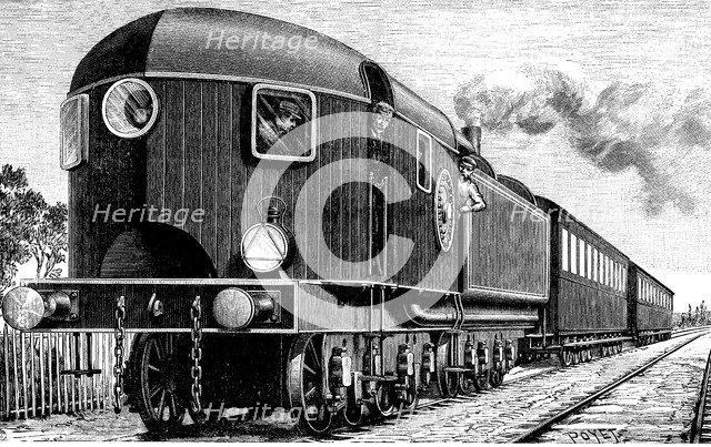 Aerodynamic railway from the early 20th century, circulating by North America, engraving, 1900.