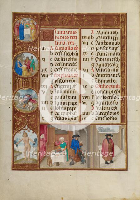 January Calendar Page: Feasting and Warming: Aquarius; Spinola Hours, about 1510-1520. Creator: Workshop of Master of the First Prayer Book of Maximilian.