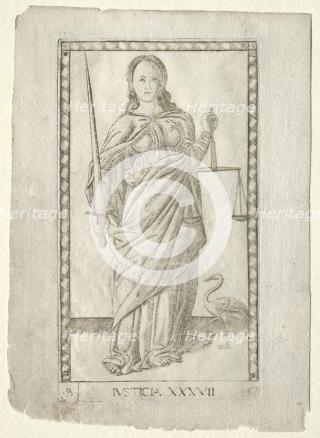 Justice (from the Tarocchi, series B: Cosmic Principles & Virtues, #37), before 1467. Creator: Master of the E-Series Tarocchi (Italian, 15th century).